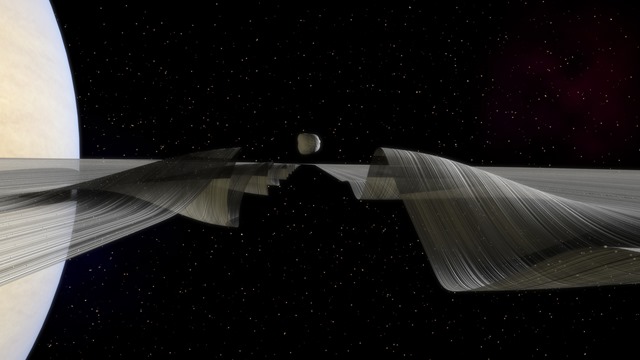 Représentations des ondulations engendrées par la lune Daphnis lors de son passage dans les anneaux de saturne